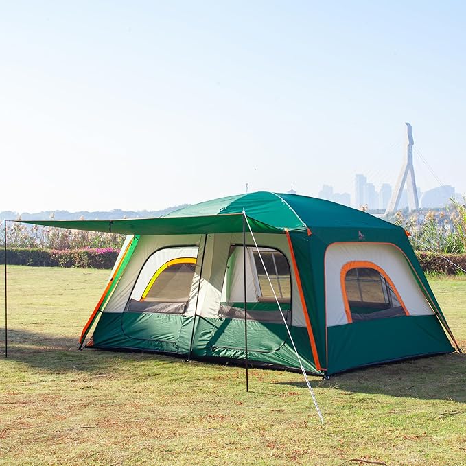 KTT Large Family Cabin Tent 10-12 Person,14.1X10X6.58ft,2 Rooms,3 Storage Pockets,2 Bay-Windows 3 Doors and 3 Windows with Mesh,Straight Wall,Waterproof,Double Layer,Big Tent for Outdoor,Camping