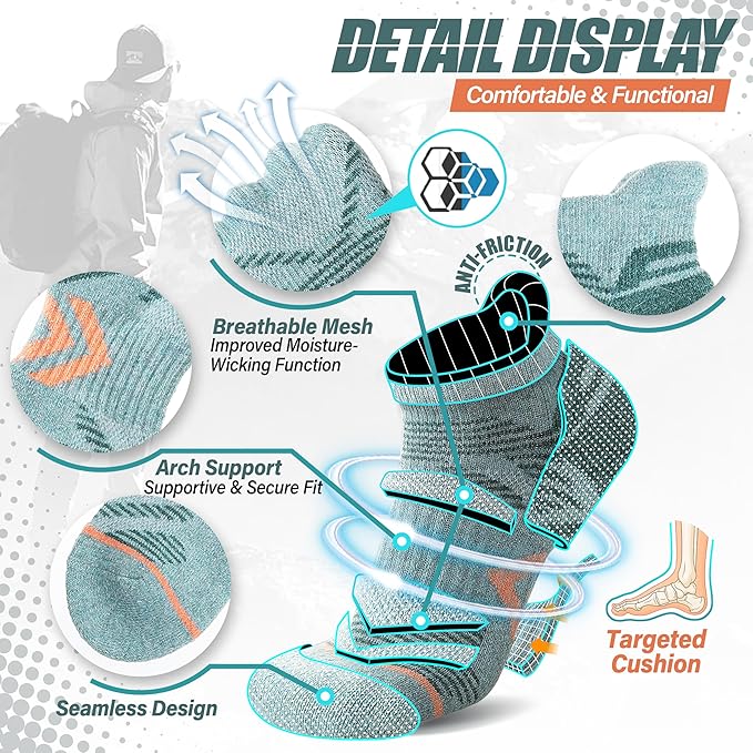 ANTSANG 6 Pairs Merino Wool Ankle Hiking Running Socks Compression Thick Cushion Breathable No Show Socks for Men Women