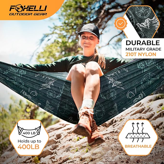 Foxelli Camping Hammock - Lightweight Portable Hammock, Easy Setup with Tree-Friendly Ropes & Steel Carabiners, Heavy Duty Parachute Nylon for Indoors and Outdoors