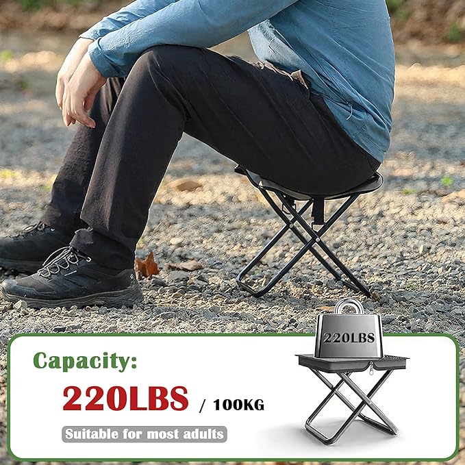 Camping Stool Pocket Chair, Lightweight Portable Stool with Shoulder Strap, Capacity 220lbs for Adults Outdoor Hiking Fishing Travel-Medium Grey