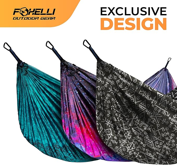 Foxelli Camping Hammock - Lightweight Portable Hammock, Easy Setup with Tree-Friendly Ropes & Steel Carabiners, Heavy Duty Parachute Nylon for Indoors and Outdoors