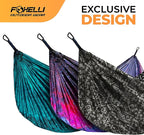 Foxelli Camping Hammock - Lightweight Portable Hammock, Easy Setup with Tree-Friendly Ropes & Steel Carabiners, Heavy Duty Parachute Nylon for Indoors and Outdoors