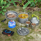 Odoland Camping Cookware Mess Kit, Lightweight Pot Pan Kettle with 2 Cups, Fork Spoon Kit Stainless Steel, gray for Backpacking, Outdoor Camping Hiking and Picnic
