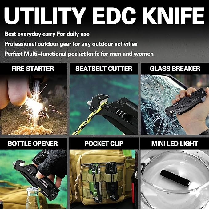 7-in-1 Tactical Survival Knife - Glass Breaker, Seatbelt Cutter, Serrated Steel Blade, Firestarter, LED Flashlight, Bottle Opener & Pouch | Military, Emergency, Outdoor Rescue Gear (Black)