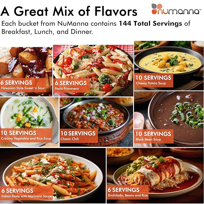 Numanna Family Pack Bucket 1,728 Servings 12-Months Emergency Meal Kit | Easy-to-Prepare, Non-GMO Freeze-Dried Survival Food | Everyday Meals in Resealable Pouches | Made in USA | 25+ Year Shelf Life