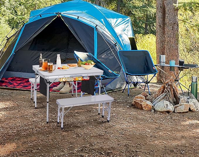 Nice C Folding Picnic Table, Portable Picnic Table, Folding Table with Bench, Outdoor Table and Chairs, Hole for Umbrella, Mesh net Storage, Backyard, Party, Outdoor, Lawn