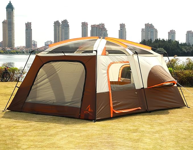KTT Large Family Cabin Tent 10-12 Person,14.1X10X6.58ft,2 Rooms,3 Storage Pockets,2 Bay-Windows 3 Doors and 3 Windows with Mesh,Straight Wall,Waterproof,Double Layer,Big Tent for Outdoor,Camping