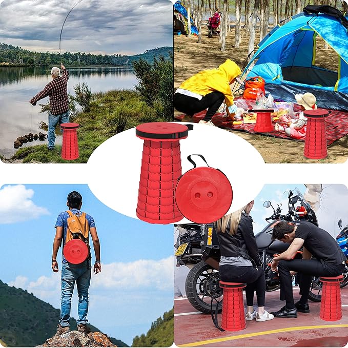 ALEVMOOM Upgraded Retractable Folding Stool Camping Stool, Collapsible Telescoping Stool for Adults, Lightweight Yet More Sturdy, Folding Seats for Camping Fishing Hiking Outdoor (red)