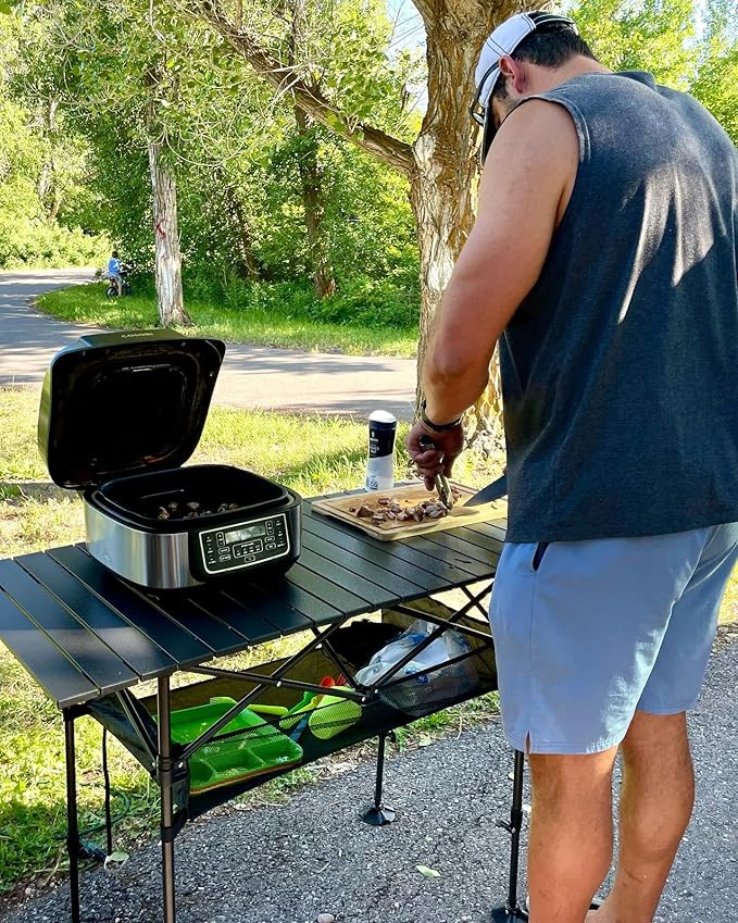 LET'S CAMP Folding Camping Table, Portable Aluminum Roll-up Picnic Backpacking Table with Adjustable Height, Large Storage and Carrying Bag for Picnic, Camping, BBQ, Party, Backyard, Beach