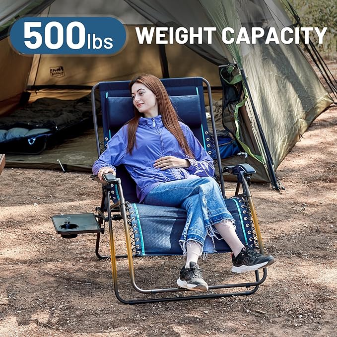 TIMBER RIDGE Oversized Zero Gravity Chair, 33In Wide XXL Zero Gravity Reclining Chair with Side Table, Full Padded Lounge Chair for Outdoor Camping Patio Lawn, Heavy Duty Supports 500lbs, Blue-1 Pack