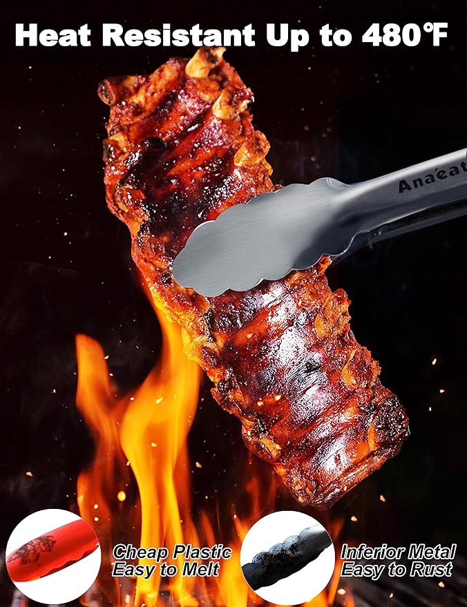 Anaeat Premium Sturdy Barbecue Tongs for Kitchen Grill & BBQ - 7,9,12 Inch Non-Slip Stainless Steel Locking Tongs Heat Resistant for Grilling, Cooking, Turning and Barbecue