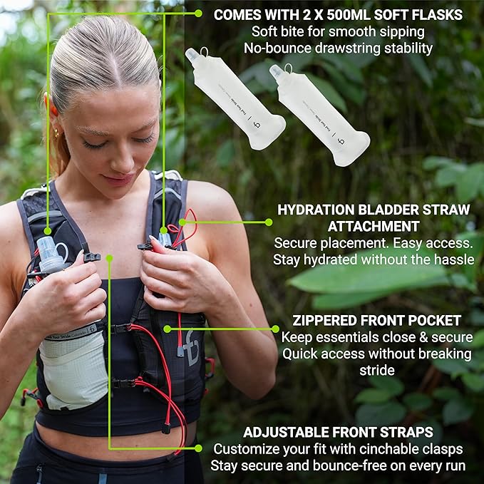 FlipBelt Tahoe Hydration Vest – Ultralight Running Vest for Men & Women – Includes Two 500ml Soft Flasks – Trail, Marathon, and Long-Distance Race Pack
