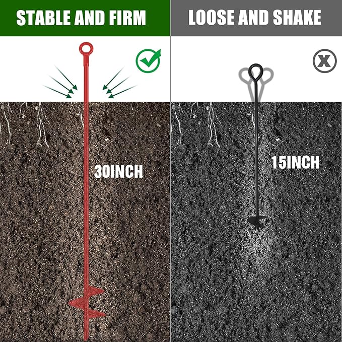 Lasnten 3 Pcs 30 Inch Heavy Duty Ground Anchor Spiral Blade Earth Anchor Kit Metal Anchor Hook Beach Sand Stakes Camping for Securing Animals, Shelters, Tents, Canopies (Red)