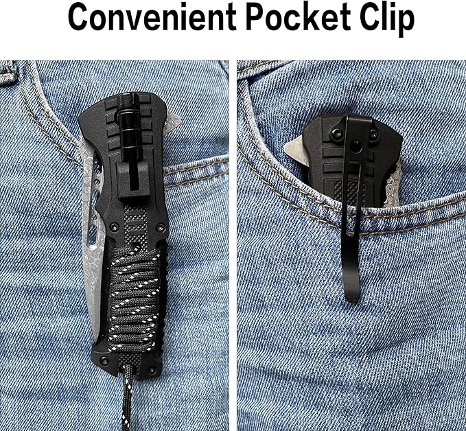 XIPHIAS EDC Tactical Damascus Folding Pocket Knife - 6-in-1 Survival Multitool with LED Light, Magnesium Fire Starter, Whistle, Paracord & Pocket Clip - (Black) - XK039DA-Black