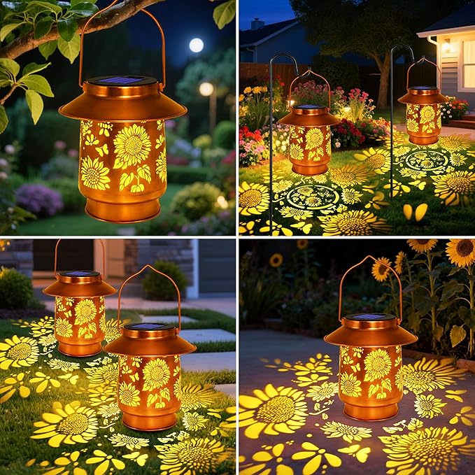 Sunflower Solar Lanterns Outdoor Waterproof Brim,Garden Decor Birthday Gifts for Women Mom Grandma,Metal Hanging Solar Lights Outside Decorative for Yard Patio Backyard Pathway