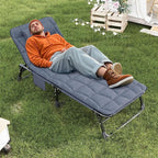 ATORPOK Folding Camping Cot for Adults with Padded Mattress and Pillow, Adjustable Reclining Lounger Sleeping Cot Bed, Ideal for Camping, Travel, Garden, or Office Use, Blue