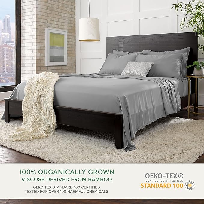 Queen Sheets by Pure Bamboo, Genuine 100% Organic Viscose Derived from Bamboo Bed Sheet Set, Luxuriously Soft & Cooling, Double Stitching, Lifetime Quality Promise (Queen, Stone Grey)