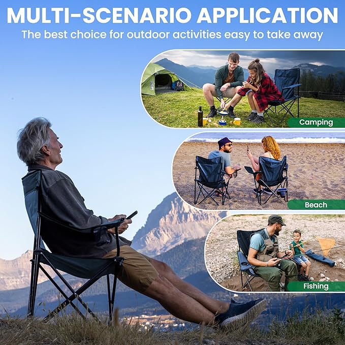 4 Pack Folding Camping Chairs for Adults, Foldable Portable Beach Chairs with Carry Bag & Cup Holder, Compact Design for Camping, Beach, Picnics, and Fishing Supports 300LBS（Navy）