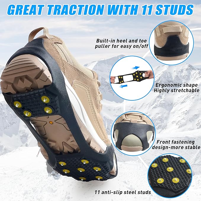 Ice Cleats for Shoes and Boots Traction Cleats for Snow Anti Slip Crampons 11 Studs Rubber Overshoe for Walking on Ice and Snow
