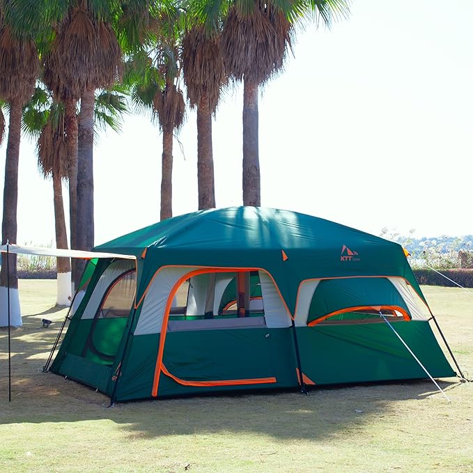 KTT Large Family Cabin Tent 10-12 Person,14.1X10X6.58ft,2 Rooms,3 Storage Pockets,2 Bay-Windows 3 Doors and 3 Windows with Mesh,Straight Wall,Waterproof,Double Layer,Big Tent for Outdoor,Camping