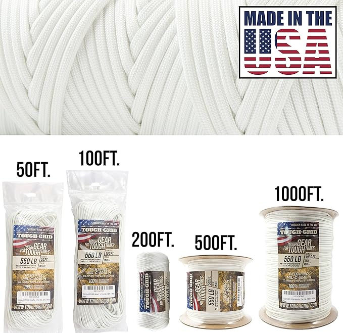 TOUGH-GRID 550 Paracord Rope Nylon Parachute Cord, Made in USA Survival Kit, Outdoor Adventures, Camping, Tactical Gear & Emergency Supplies, Military Type III Mil-Spec