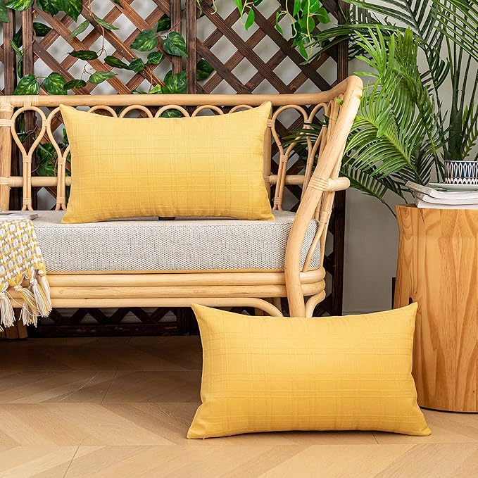 Kevin Textile Pack of 2 Outdoor Waterproof Throw Pillow Covers Decorative Square Outdoor Checkered Pillows Cushion Case Patio Pillows for Couch 12x20 inches 30x50 cm Yellow