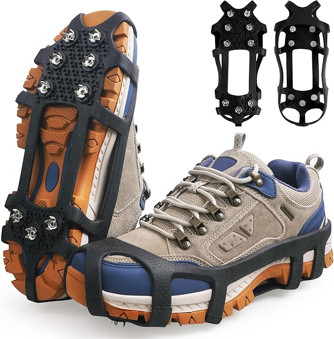 Ice Cleats for Shoes and Boots Snow Traction Cleats Crampons for Walking on Snow and Ice 9 Studs Non-Slip Overshoe Rubber Anti Slip Crampons Slip-on Stretch Footwear Winter Hiking Climbing Ice Fishing