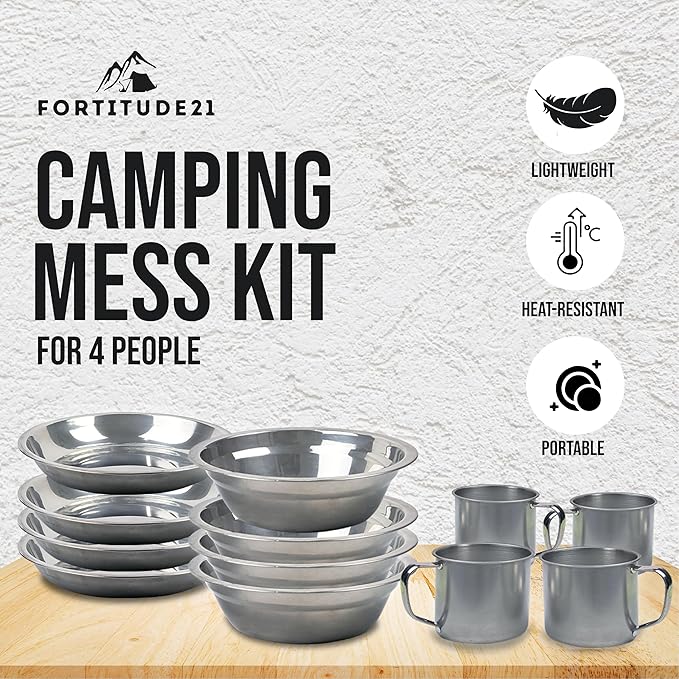 Stainless Steel Camping Mess Kit - Person's Complete Picnic & Camp Dish Set, Includes Plate, Bowl, Cup & Utensils