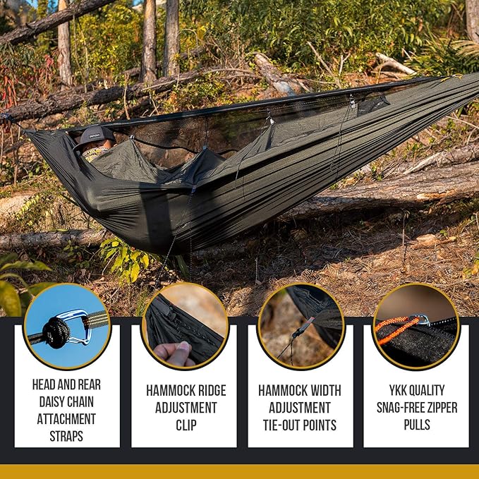 OneTigris KOMPOUND Camping Hammock with Net, Lightweight Portable Hammock with Warm Internal Cover & Tree Friendly Straps for Backpacking, Camping, Hiking, Travel, Beach, Backyard Od Green