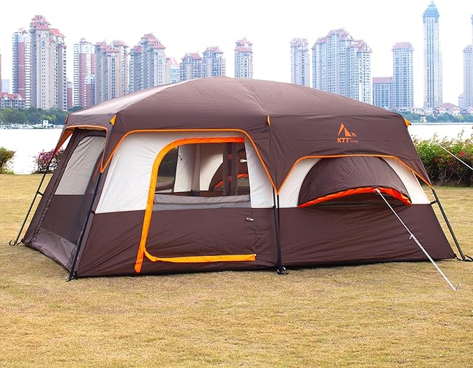 KTT Large Family Cabin Tent 10-12 Person,14.1X10X6.58ft,2 Rooms,3 Storage Pockets,2 Bay-Windows 3 Doors and 3 Windows with Mesh,Straight Wall,Waterproof,Double Layer,Big Tent for Outdoor,Camping