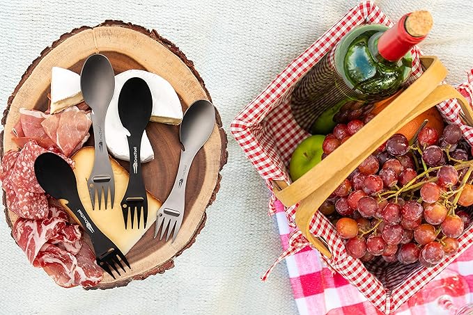 Spork Ultra Lightweight and Strong 5 in 1 Camping Utensil Set-Spoon+Fork+Knife+Peeler+Bottle Opener+Bag+Carry case. Ideal for Outdoors, Home or Office
