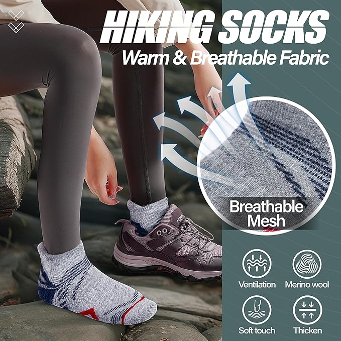 ANTSANG 6 Pairs Merino Wool Ankle Hiking Running Socks Compression Thick Cushion Breathable No Show Socks for Men Women