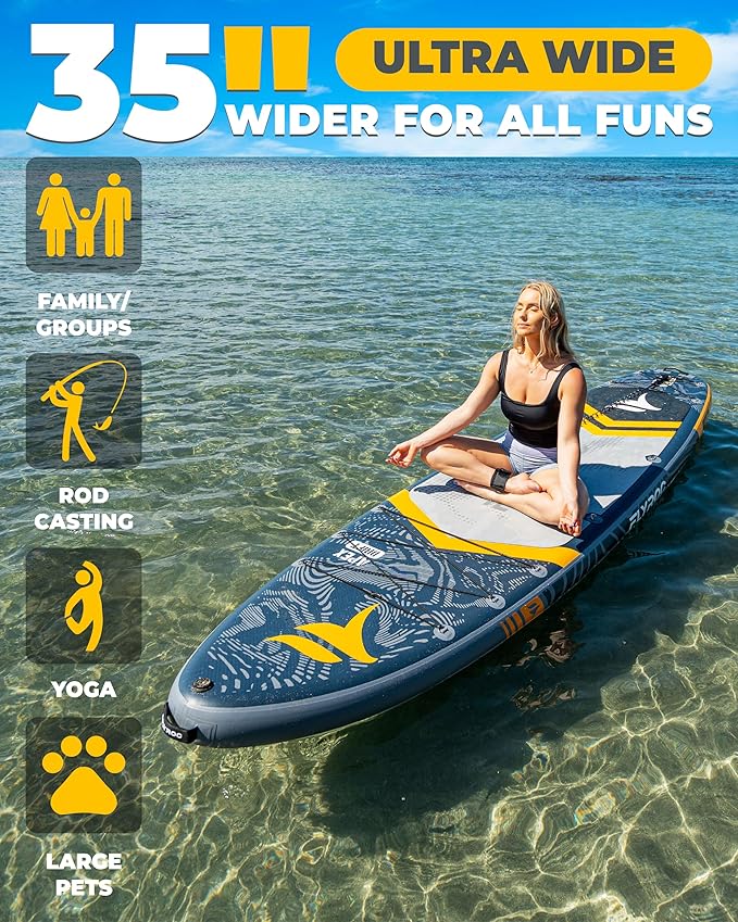 11'6x35'' Extra Wide Inflatable Paddle Board, 450lb Capacity Stand Up Paddle Board for Adults (x3), Stable Inflatable SUP, All Skill Levels, 3 Handles, 100L Backpack, 3PCS Paddle, 5L Dry Bag