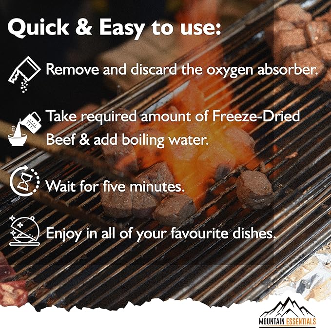 MOUNTAIN ESSENTIALS Freeze-Dried Diced Beef – Fully Cooked Meat | Pre-Cooked | 240g High Protein Intake | 10 Servings | Ready-to-Eat Meal Prep | Pantry Staples, Daily Meals, Emergency Survival, Camping Food | 7-Year Shelf Life | Made in USA