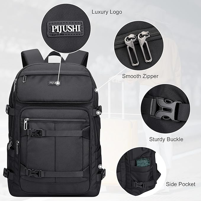 PIJUSHI Travel Backpack for Women Men Flight Aprroved Carry on Bag Large Casual Luggage Backpack Fit 16 inch Laptop(PE050 Black)