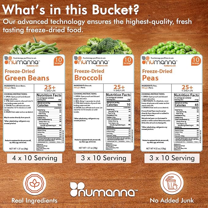 NuManna Triple Pack Freeze-Dried 3 Vegetables Buckets 300 Servings Contains Peas, Green Beans & Broccoli | Non-GMO, No Preservatives, No MSG Camping & Emergency Survival Food with 25 Years Shelf Life