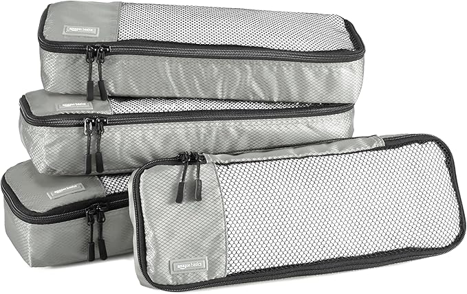 Amazon Essentials 4-Piece Packing Cubes Travel Accessories Set, Luggage Organizer with Double Zipper, Mesh Top, 100% Polyester, Slim, Gray (Previously Amazon Basics)