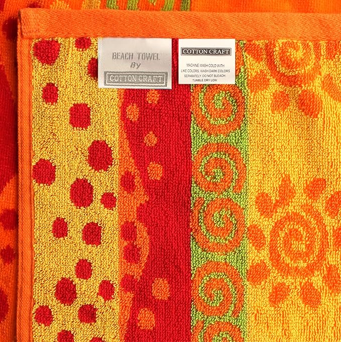 COTTON CRAFT Oversized Beach Towel - 2 Pack 35x70 XL Towels - 100% Cotton Big & Huge Pool Bath Towel - Plush Terry Jacquard Velour 450 GSM Super Soft Absorbent Luxury - Sunshine Orange Yellow