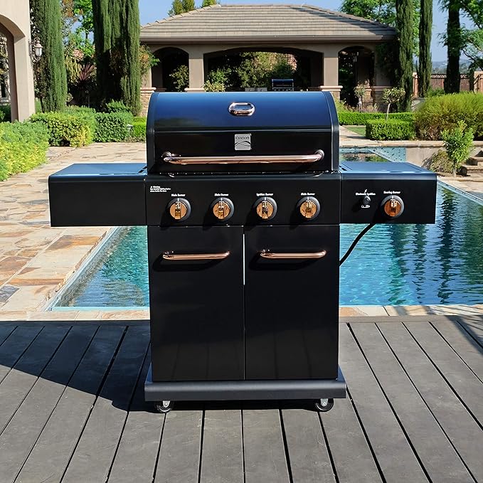 Kenmore 4-Burner BBQ Gas Grill with Searing Side Burner, Propane Grill, 52,000 BTUs, Warming Rack, Electronic Ignition & Cast Iron Cooking Grates, Black/Copper
