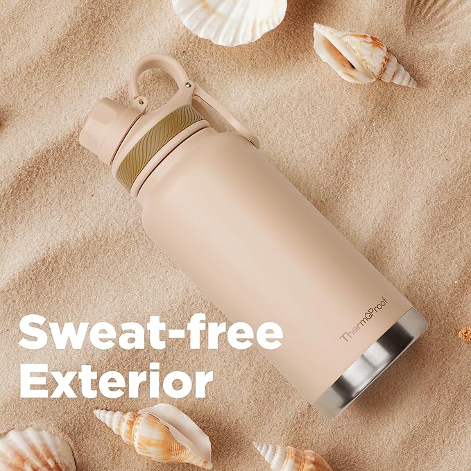ThermoProof Double-Walled Vacuum Insulated Stainless Steel Water Bottle - Wide Mouth Canteen, Spout & Straw Lids, Dishwasher Safe, Reusable, Leakproof, Hot & Cold for Men, Women & Kids - 32oz, Taupe