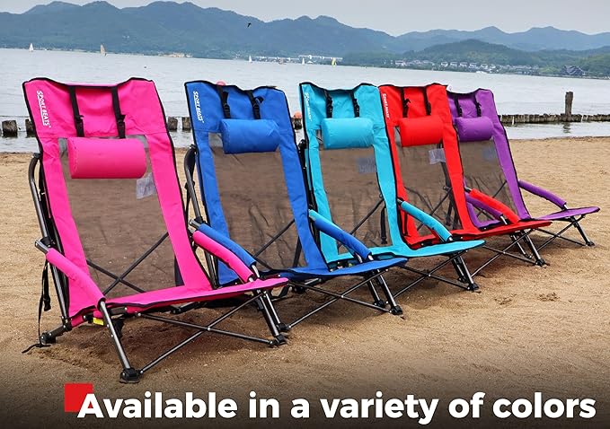 SPORT BEATS Low Beach Chairs Set of 2 Folding Beach Chairs High Back Support with Head Pillows Shoulder Straps