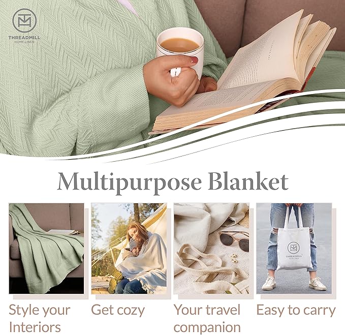 Threadmill Luxury Cotton King Size Blanket | All-Season Cozy Cotton Blankets for King Size Bed | Herringbone Soft Fall Thermal Blanket fits California King Size Bed 106 x 92 | Sage Green