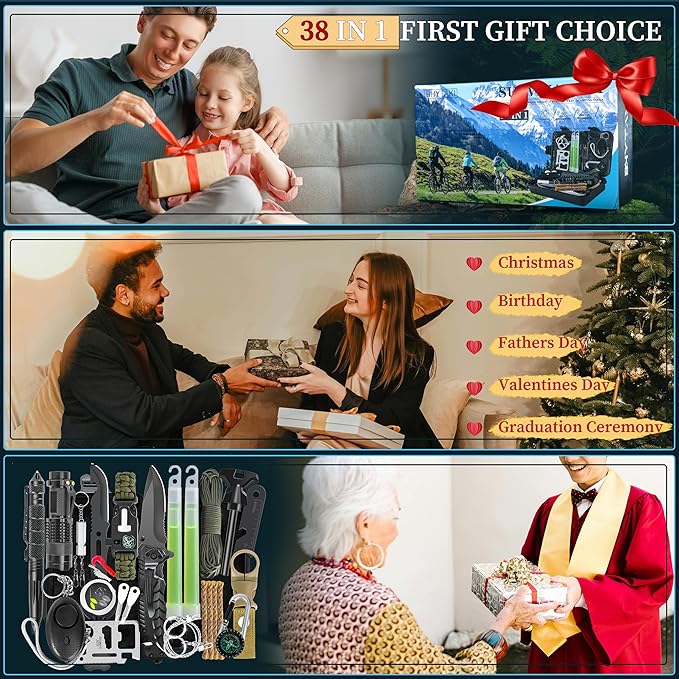 Survival Kits 37 in 1, Gifts for Men Dad Husband Valentine's Day, Emergency Survival Gear and Equipment, Camping Hiking Outdoor Adventure Cool Gadgets, Stocking Stuffers