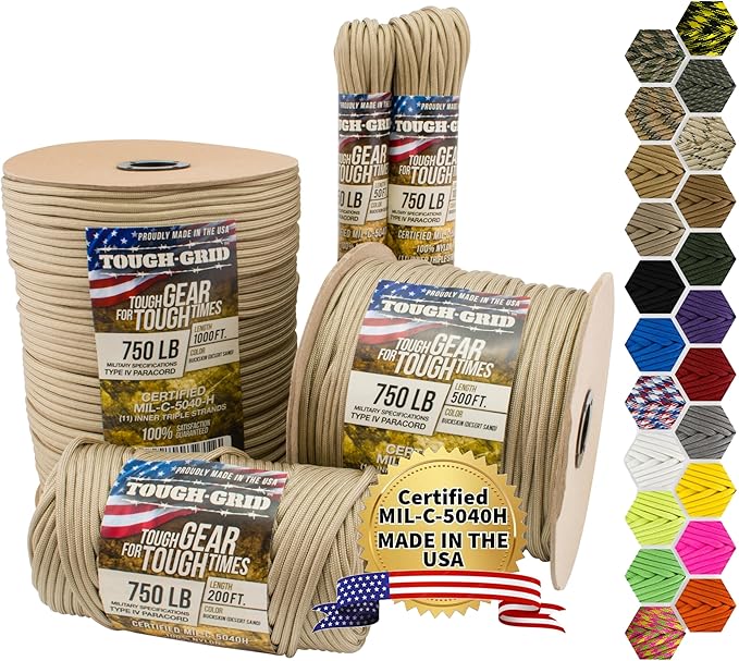 TOUGH-GRID Paracord Rope 750 lbs Nylon Parachute Cord, Made in USA Survival Kit, Outdoor Adventures, Camping, Tactical Gear & Emergency Supplies, Military Type IV Mil-Spec