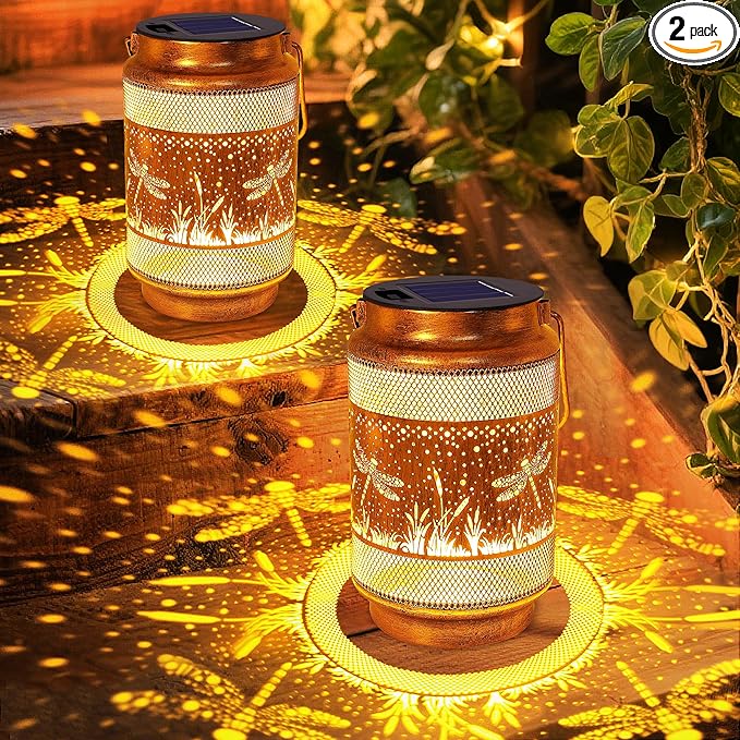 2 Pack Dragonfly Solar Lanterns Outdoor Waterproof Garden Decor, Dragonfly Birthday Gifts for Women Mom Grandma, Metal Hanging Solar Lights for Outside Yard Patio Pathway Backyard Porch