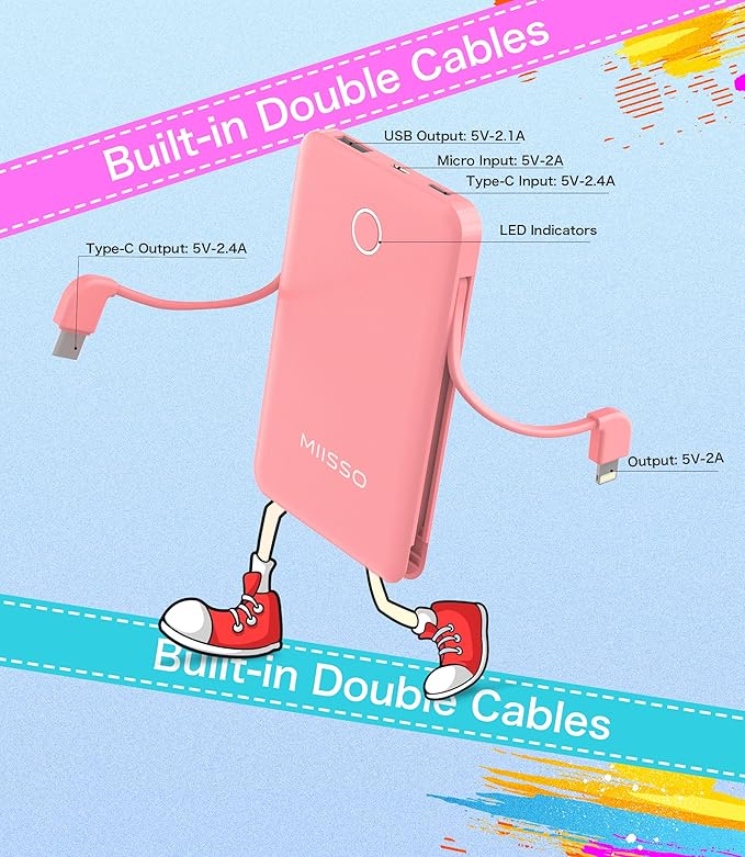 6000mah Ultra Slim Built in Cables Power Bank, Card Size Built in USB C Cords Battery Pack Portable Charger for Phones, 3 Output External Battery Pack Compatible with iPhone, Samsung, Light Pink