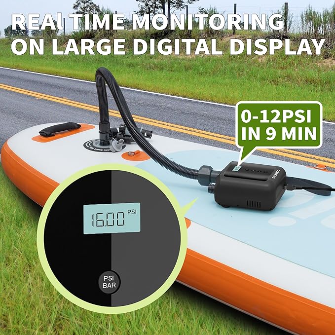 Paddle Board Electric Pump Portable Sup Air Pump with Case, 12V Car Plug Powered Mini Air Compressor Inflator for Inflatable Stand up Paddleboard Kayak boatTent Kite