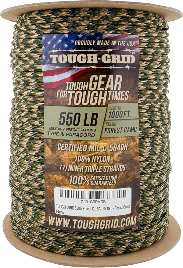 TOUGH-GRID 550 Paracord Rope Nylon Parachute Cord, Made in USA Survival Kit, Outdoor Adventures, Camping, Tactical Gear & Emergency Supplies, Military Type III Mil-Spec