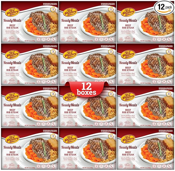 KJ Poultry Kosher Ready Meals - Beef Rib Steak & Kugel, MRE Meat Meals Ready to Eat, Shabbos Food (12 Pack) Prepared Entree Fully Cooked, Shelf Stable Microwave Dinner Travel Military Camping Survival