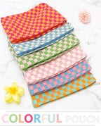 PAZIMIIK Knitted Checkered Makeup Bag Large Zipper Make Up Accessory Pouch for Purse Cosmetic Brush Bag for Travel Essential Orange Green
